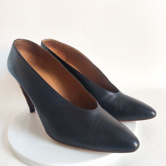 Petra Firenze Heels 9.5 Italian Leather Sole Pumps Navy Blue Pointy Toe Striped - Picture 9 of 13